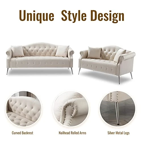 Homtique Sofa Set For Living Room 2 Piece, Modern Velvet Loveseat Sofa Set Upholstered Button Tufted Nailhead Trimming Rolled Arm And Metal Legs, Velvet Sofa Couch With 4 Pillows For Home (Beige) 4 Homtique Sofa Set For Living Room 2 Piece, Modern Velvet Loveseat Sofa Set Upholstered Button Tufted Nailhead Trimming Rolled Arm And Metal Legs, Velvet Sofa Couch With 4 Pillows For Home (Beige) - Image 4