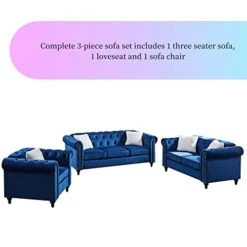 3-Piece Velvet Upholstered Living Room Furniture Set, Including 3-Seater Sofa, Loveseat And Single Sofa Chair With Button And Copper Nail On Arms And Back, Five White Villose Pillows Included, Blue -Safavieh Furnitue Shop 41e9gjWgQLL