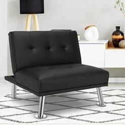 Giantex Single Sofa, Convertible Futon Chair, Folding Recliner Chaise Lounge With Metal Legs And Adjustable Backrest, PU Leather Living Room Furniture 34 Inch Length (Black) -Safavieh Furnitue Shop 41fAa2pwq5S