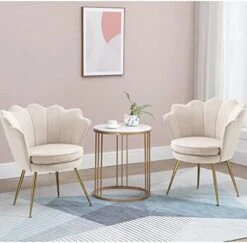 ZJhome Modern Accent Velvet Chairs Set Of 2 Comfy Upholstered Vanity Chairs For Bedroom Shell-Shaped Armchair Dining Chairs With Golden Metal Legs Desk Chair Makeup Chairs For Living Room(Beige) -Safavieh Furnitue Shop 41fnTI108UL. AC