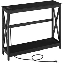 Yaheetech Console Table With Outlets And USB Ports, Entryway Table With Storage Shelves, Sofa Table Narrow Long With X Design For Living Room, Hallway, Foyer, Black