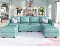 LLappuil Modular Sectional Sofa With Storage, Faux Leather Fabric 7 Seater Modular Sofa With Reversible Chaise, 112 Inch Convertible U Shape Sectional Couch With Ottomans, Aqua Blue -Safavieh Furnitue Shop 41gzJhtMRRL. AC