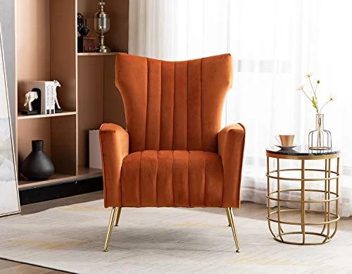 Artechworks Curved Tufted Accent Chair With Metal Gold Legs Velvet Upholstered Arm Club Leisure Modern Chair For Living Room Bedroom Patio, Caramel Color, Orange 4 Artechworks Curved Tufted Accent Chair With Metal Gold Legs Velvet Upholstered Arm Club Leisure Modern Chair For Living Room Bedroom Patio, Caramel Color, Orange - Image 4