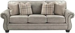 Signature Design By Ashley Olsberg Faux Leather Loveseat With Nailhead Trim And 2 Accent Pillows, Gray & Olsberg Faux Leather Ottoman With Nailhead Trim, Gray -Safavieh Furnitue Shop 41hzo83wKL. AC