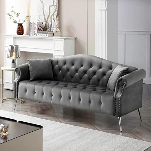 Homtique Sofa Set For Living Room 2 Piece, Modern Velvet Loveseat Sofa Set Upholstered Button Tufted Nailhead Trimming Rolled Arm And Metal Legs, Velvet Sofa Couch With 4 Pillows For Home (Beige) 15 Homtique Sofa Set For Living Room 2 Piece, Modern Velvet Loveseat Sofa Set Upholstered Button Tufted Nailhead Trimming Rolled Arm And Metal Legs, Velvet Sofa Couch With 4 Pillows For Home (Beige) - Image 15