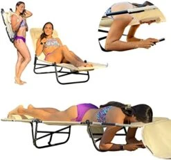 FLIP Face Down Tanning Chaise Lounge Chair - Face & Arm Holes - 2 Legs Support - Polyester Material – Backrest Positions - Head Rest Pillow - Beach Or Home Use - PATENTS Pending - Pink Stripes Pattern -Safavieh Furnitue Shop 41jBkFxvhfL. AC