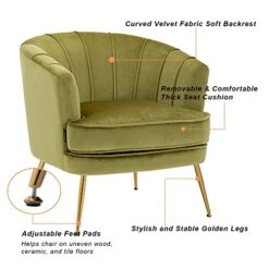 Artechworks Modern Velvet Barrel Chair Accent Armchair With Golden Legs For Living Room Bedroom Home Office, Channel Tufted Back Club Chair, Grass Green -Safavieh Furnitue Shop 41lpmBP6vfL