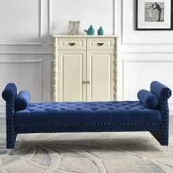 Mathias 71-inch Rolled Arm Velvet Button Tufted Upholstered Bench For Bedroom End Of Bed Chaise Lounge Fabric Long Ottoman Couch Window And Living Room Footrest Stool (Blue) -Safavieh Furnitue Shop 41mgCuvIduL