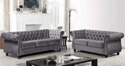 Container Furniture Direct Feinstein Modern Velvet Chesterfield Couches For Living Room With Nailheads, Diamond Tufting & Durable Metal Frame, Loveseat, Sofa, Dark Blue -Safavieh Furnitue Shop 41moYfalQqL. AC