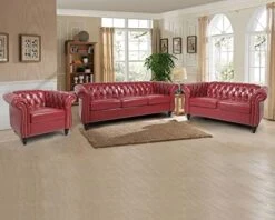 RARZOE 3 Pieces Living Room Furniture Sofa Sets,Modern Faux Leather Chesterfield Sofa&Chesterfield Club Chair&Chesterfield Loveseat Sofas Set With Nailhead Trim Scroll Arms For Living Room,Burgundy -Safavieh Furnitue Shop 41nS4b13z9L. AC