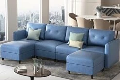 LLappuil Modular Sectional Sofa With Storage, Faux Leather Fabric 7 Seater Modular Sofa With Reversible Chaise, 112 Inch Convertible U Shape Sectional Couch With Ottomans, Aqua Blue -Safavieh Furnitue Shop 41nkdMN7Y8L. AC