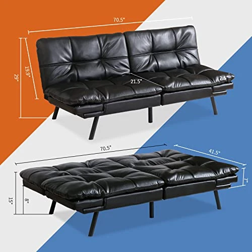 Opoiar Black Faux Leather Futon Sofa Bed Couch,3" Memory Foam Loveseat Sofa Bed,71" L Modern Sleeper Sofa Bed With Covertible Armrests,Small Space Sofa Bed For Living Room,Home Office,Apartment 2 Opoiar Black Faux Leather Futon Sofa Bed Couch,3" Memory Foam Loveseat Sofa Bed,71" L Modern Sleeper Sofa Bed With Covertible Armrests,Small Space Sofa Bed For Living Room,Home Office,Apartment - Image 2