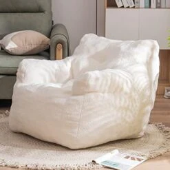 Soft Tufted Bean Bag Chairs For Adults, Medium Teddy Fabric Bean Bags With Arms, Ivory -Safavieh Furnitue Shop 41pJkViqB4L. AC
