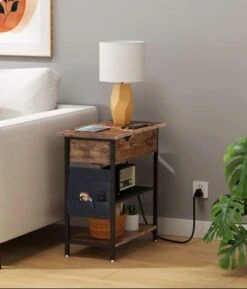 Novson End Table With Charging Station Side Table With USB Ports And Outlets Narrow Nightstand For Small Spaces, Bedside Table With Storage Shelf For Living Room, Bedroom,Rustic Brown -Safavieh Furnitue Shop 41pZHjhA76L