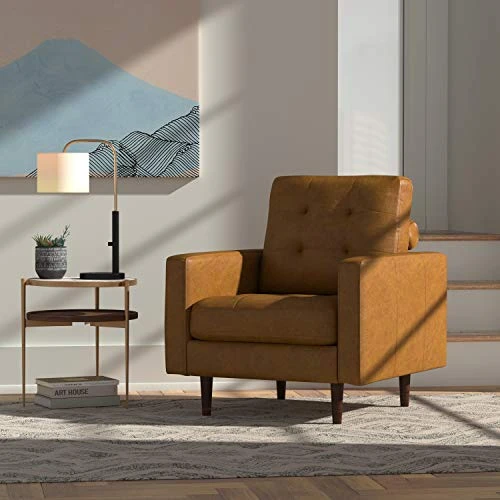 Amazon Brand – Rivet Cove Mid-Century Modern Tufted Leather Accent Chair, 32.7"W, Caramel 2 Amazon Brand – Rivet Cove Mid-Century Modern Tufted Leather Accent Chair, 32.7"W, Caramel - Image 2
