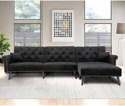 Convertible Sectional Sofa Bed, L-Shaped Reversible Reclining Velvet Sofa With 3 Seats And Pillows For Living Room Small Apartment Spaces Furniture Set (Blue) -Safavieh Furnitue Shop 41rp3UTC9wS. AC