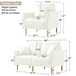 KIVENJAJA 3 Piece Living Room Furniture Set, Including 2 Accent Chair And 1 Loveseat Sofa Couch With Velvet Upholstery, Channel Tufted & 4 Pillows For Living Room Apartment, Beige -Safavieh Furnitue Shop 41s7m7y4IrL