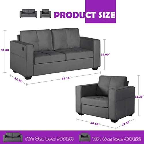 TYBOATLE Modern Living Room Sectional Sofa Sets 2 Piece, 65” W Tufted Mid-Century Loveseat Couch W/ 2 USB Charging Ports And Comfy Accent Arm Chairs For Small Space, Apartment, Office (Dark Grey) 2 TYBOATLE Modern Living Room Sectional Sofa Sets 2 Piece, 65” W Tufted Mid-Century Loveseat Couch W/ 2 USB Charging Ports And Comfy Accent Arm Chairs For Small Space, Apartment, Office (Dark Grey) - Image 2