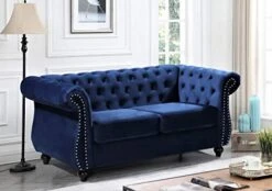 Container Furniture Direct Feinstein Modern Velvet Chesterfield Couches For Living Room With Nailheads, Diamond Tufting & Durable Metal Frame, Loveseat, Sofa, Dark Blue -Safavieh Furnitue Shop 41uJtTdzXML