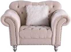 Morden Fort Velvet Chesterfield Chair, 45" W Classic Upholstery Armchair, Tufted Accent Chairs For Living Room Furniture, Beige -Safavieh Furnitue Shop 41uU8ryHlkS. AC