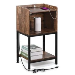 ABQ Nightstand With Charging Station, 2 Tier End Table With USB Ports And Outlets, Side Table With Drawer And Storage Shelf For Small Space In Living Room, Bedroom, 15.75 X 12.6 X 28.94 Inches