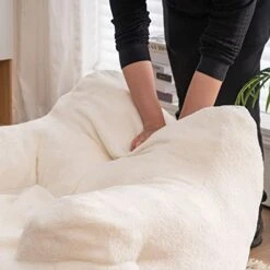 Soft Tufted Bean Bag Chairs For Adults, Medium Teddy Fabric Bean Bags With Arms, Ivory -Safavieh Furnitue Shop 41vMS6jVf4L