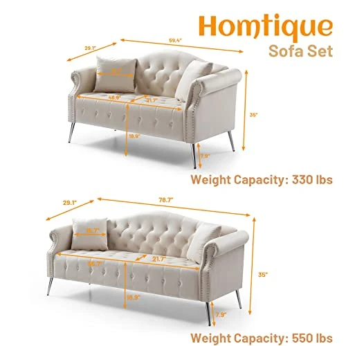 Homtique Sofa Set For Living Room 2 Piece, Modern Velvet Loveseat Sofa Set Upholstered Button Tufted Nailhead Trimming Rolled Arm And Metal Legs, Velvet Sofa Couch With 4 Pillows For Home (Beige) 2 Homtique Sofa Set For Living Room 2 Piece, Modern Velvet Loveseat Sofa Set Upholstered Button Tufted Nailhead Trimming Rolled Arm And Metal Legs, Velvet Sofa Couch With 4 Pillows For Home (Beige) - Image 2