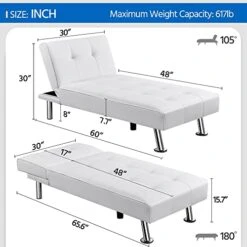 Yaheetech Faux Leather Chaise Lounge Indoor Convertible Chaise Futon Tufted Chaise Daybed With Chrome Metal Legs Converts To Recliner/Bed White -Safavieh Furnitue Shop 41vuASYERLL