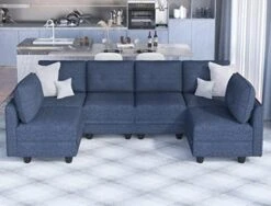 LLappuil Modular Sectional Sofa With Storage, Faux Leather Fabric 7 Seater Modular Sofa With Reversible Chaise, 112 Inch Convertible U Shape Sectional Couch With Ottomans, Aqua Blue -Safavieh Furnitue Shop 41wcHc 0xXL. AC