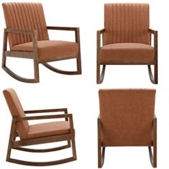 HNY Mid Century Rocking Nursery Chair With Wood Frames, Faux Leather Upholstered Farmhouse Living Room Armchair, For Living Room Bedroom, Light Brown -Safavieh Furnitue Shop 41whGvTzcAL