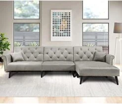 Convertible Sectional Sofa Bed, L-Shaped Reversible Reclining Velvet Sofa With 3 Seats And Pillows For Living Room Small Apartment Spaces Furniture Set (Blue) -Safavieh Furnitue Shop 41wyCAjMSS. AC