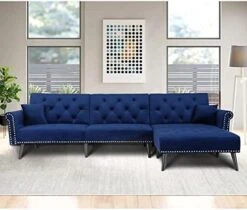 Convertible Sectional Sofa Bed, L-Shaped Reversible Reclining Velvet Sofa With 3 Seats And Pillows For Living Room Small Apartment Spaces Furniture Set (Blue) -Safavieh Furnitue Shop 41x zOYvL6S. AC