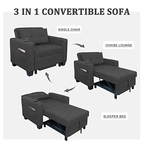 DURASPACE Futon Sofa Bed, 3 In 1 Convertible Sofa Chair Bed, Adjustable Backrest Chair, Chaise Lounge With USB Ports, Cup Holder, Side Pocket, Storage Box For Living Room (Dark Gray Linen) 2 DURASPACE Futon Sofa Bed, 3 In 1 Convertible Sofa Chair Bed, Adjustable Backrest Chair, Chaise Lounge With USB Ports, Cup Holder, Side Pocket, Storage Box For Living Room (Dark Gray Linen) - Image 2