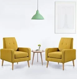 Funkeen Modern Accent Chairs Set Of 2 Living Room Arm Chairs Comfy Upholstered Fabric Chair With Arms Button Tufted Single Sofa Chair For Bedroom Dorm Apartment Office Small Spaces Mustard Yellow