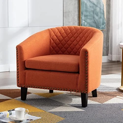 SSLine Modern White Leather Upholstered Accent Arm Chair Soft Barrel Club Chairs For Living Room Comfy Single Sofa Office Guest Chatting Chair With Solid Wood Legs And Nailhead For Bedroom (White) 8 SSLine Modern White Leather Upholstered Accent Arm Chair Soft Barrel Club Chairs For Living Room Comfy Single Sofa Office Guest Chatting Chair With Solid Wood Legs And Nailhead For Bedroom (White) - Image 8