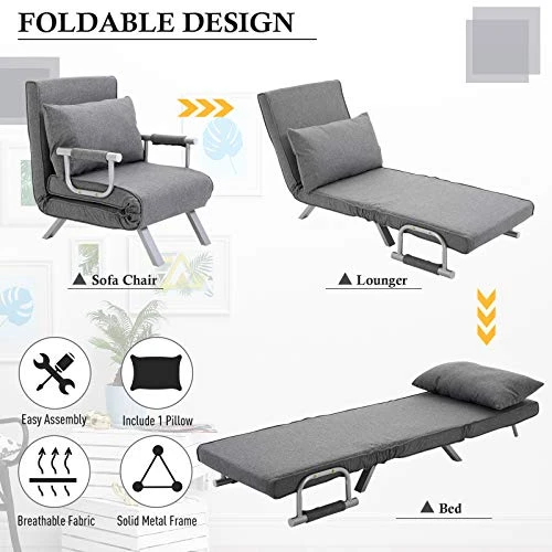 HOMCOM Single Person Folding 5 Position Convertible Sofa Bed Sleeper Chair Chaise Lounge Couch W/Pillow & Steel Frame For Home Office, Light Grey 7 HOMCOM Single Person Folding 5 Position Convertible Sofa Bed Sleeper Chair Chaise Lounge Couch W/Pillow & Steel Frame For Home Office, Light Grey - Image 7