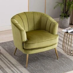 Artechworks Modern Velvet Barrel Chair Accent Armchair With Golden Legs For Living Room Bedroom Home Office, Channel Tufted Back Club Chair, Grass Green