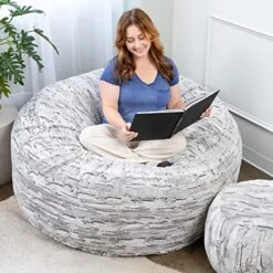 Jaxx 5 Foot Saxx Bean Bag Chair For Adults - Luxe Faux Fur, Silver Fox -Safavieh Furnitue Shop 5109rj8ApNL