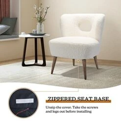 TINA'S HOME Modern Sherpa Accent Chair With Open Back & Wooden Legs, Upholstered Lamb Fleece Armless Slipper Chair, Comfy Faux Fur Cute Vanity Chair For Living Room Bedroom Office Makeup Room, Ivory -Safavieh Furnitue Shop 510JKLyOfML