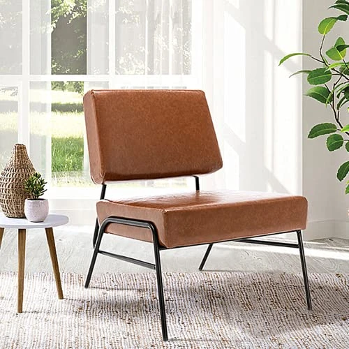 Recaceik Mid-Century Modern Leather Accent Chair, Upholstered PU Leather Chair, Lounge Living Room Chair With Metal Frame, Comfy Reading Armless Chair Home Furniture, Coffee 2 Recaceik Mid-Century Modern Leather Accent Chair, Upholstered PU Leather Chair, Lounge Living Room Chair With Metal Frame, Comfy Reading Armless Chair Home Furniture, Coffee - Image 2