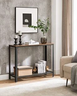 VASAGLE Console Table, 2-Tier Entryway Table With Mesh Shelf, Narrow Sofa Table, Steel Frame, Adjustable Feet, For Hallway, Living Room, Industrial Style, Rustic Brown And Black ULNT80X -Safavieh Furnitue Shop 511CPhEso0L