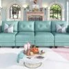 LLappuil Modular Sofa Faux Leather Fabric 112" Sectional Couch 4 Seater With Storage Seats Modern Sectional Sofa For Living Room, Office, Aqua Blue