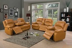 A Ainehome Sectional Recliner Sofa Set Bonded Leather 3 PCS Motion Sofa Loveseat Recliner Couch Manual Reclining Chair With Drop Down Table & Central Console For Living Room (Ginger,3 Piece Set)