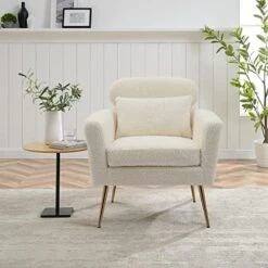 Mikibama Mid Century Modern Accent Chair Upholstered Reading Chair Armchair With Metal Legs And Throw Pillow Side Chair For Living Room Bedroom Office (Ivory,Teddy Fabric) -Safavieh Furnitue Shop 512yrciz6iL. AC