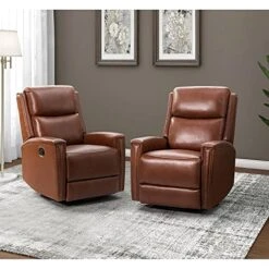 HULALA HOME Genuine Leather Swivel Rocker Recliners Set Of 2, Manual Glider Recliner Chairs With Adjustable Backrest & Footrest, Modern Home Theater Sofa Armchairs For Living Room Bedroom, Brown