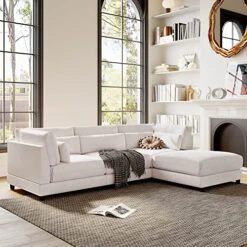 LZ LEISURE ZONE Living Room Set, 2 Pieces L Shaped Sofa With Removable Ottomans And Comfortable Waist Pillows, Sectional Sofa Set For Living Room, Beige -Safavieh Furnitue Shop 514Abhyk0RL