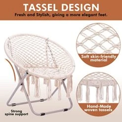 PASAMIC Saucer Chair With Folding Metal Frame, 100% Cotton Handmade Round Cozy Chairs, Exquisite Moon Chair For Bedroom, Living Room Décor Beige -Safavieh Furnitue Shop 515ChQ9Q4uL