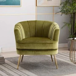 Artechworks Modern Velvet Barrel Chair Accent Armchair With Golden Legs For Living Room Bedroom Home Office, Channel Tufted Back Club Chair, Grass Green -Safavieh Furnitue Shop 515Eyzuc6bL