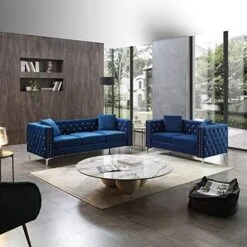 Fulocseny 2 Piece Modern Velvet Upholstered Living Room Set With 3-Seater Sofa And Loveseat, Jeweled Button Tufted Copper Nails Square Arms, 4 Pillows Included, Grey,5 Seater (Grey + Velvet) -Safavieh Furnitue Shop 515Gmic44AL. AC