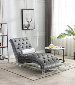 KINFFICT Velvet Chaise Lounge Chair With Toss Pillow, Modern Tufted Button Lounge Chair With Acrylic Legs, Upholstered Indoor Sleeper Chair For Living Room, Bedroom, Silver Grey